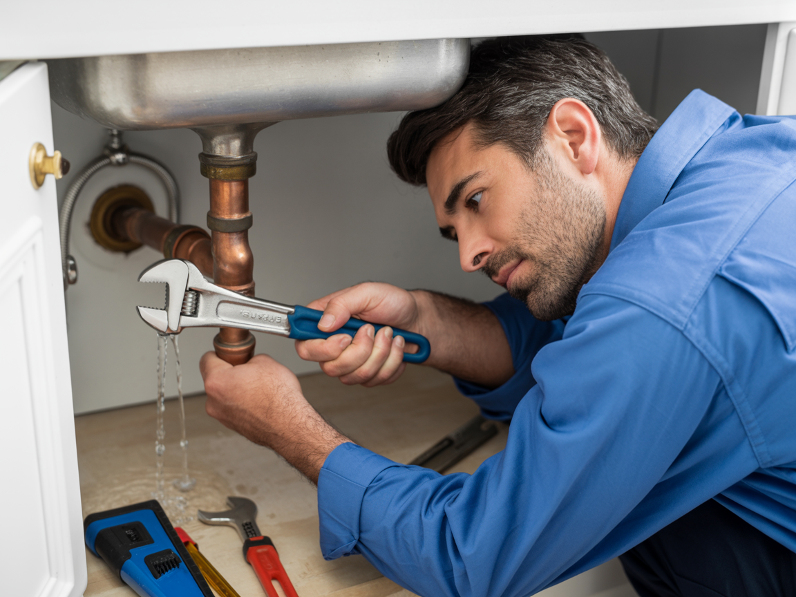 Emergency plumber fixing a water leak under a sink